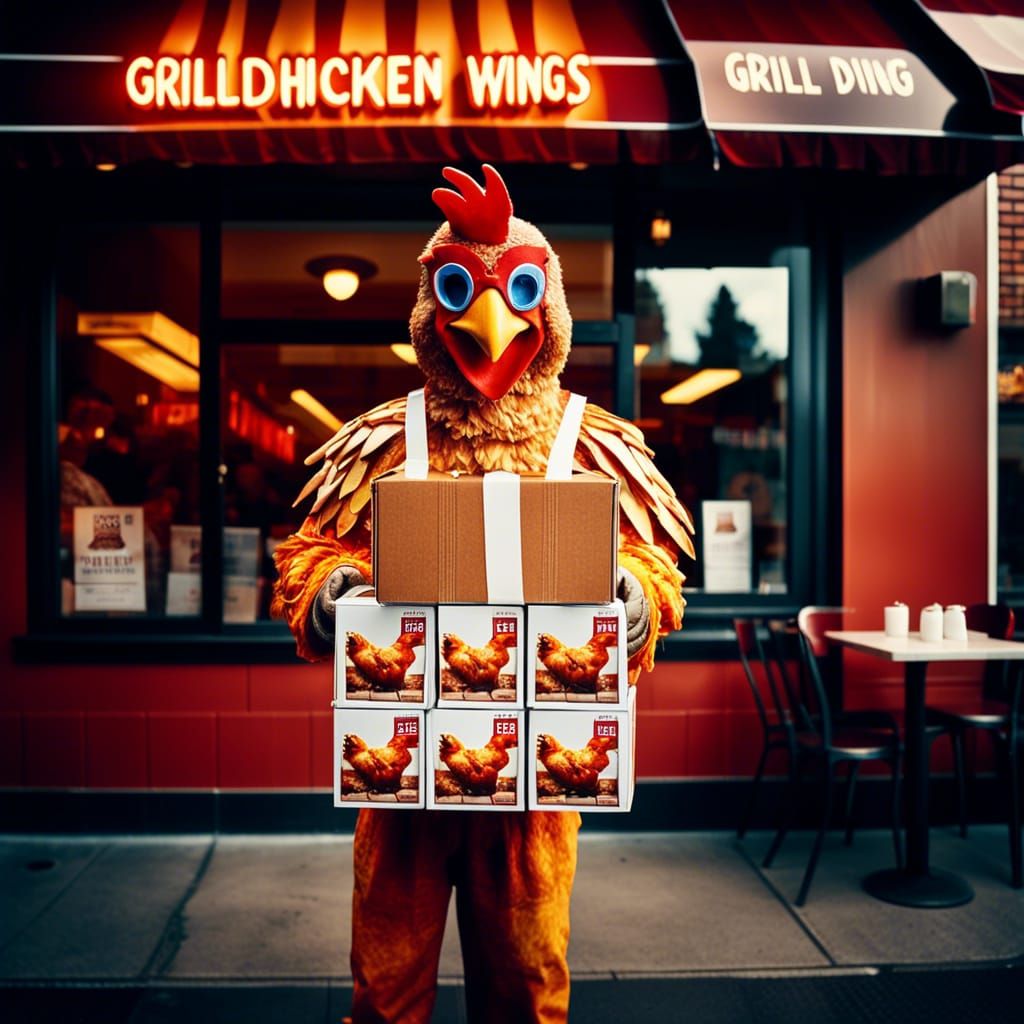 Man in Chicken Suit Advertising Grilled Wings