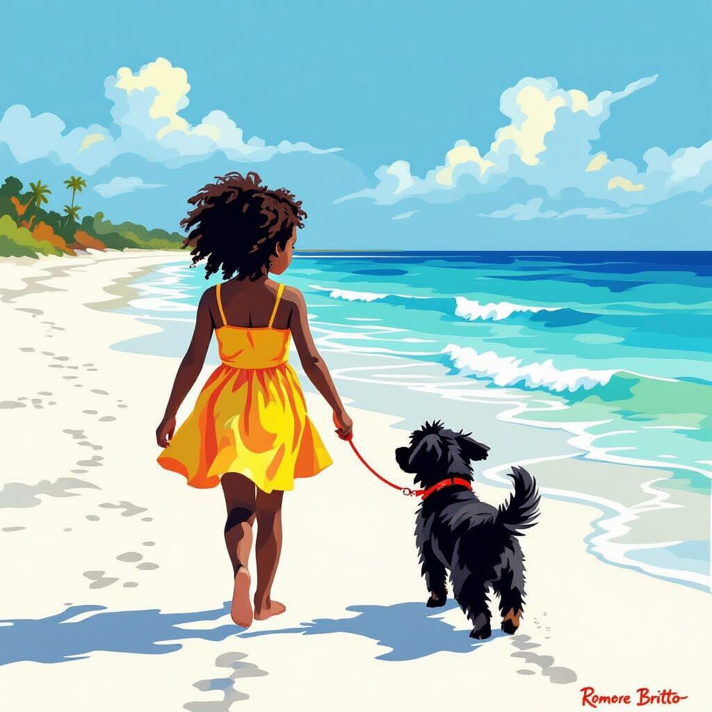 Girl and Dog on Beach in Pop Art Style