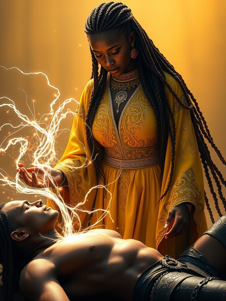 A Yellow Aei Sedai Heals Her Warder in Golden Light