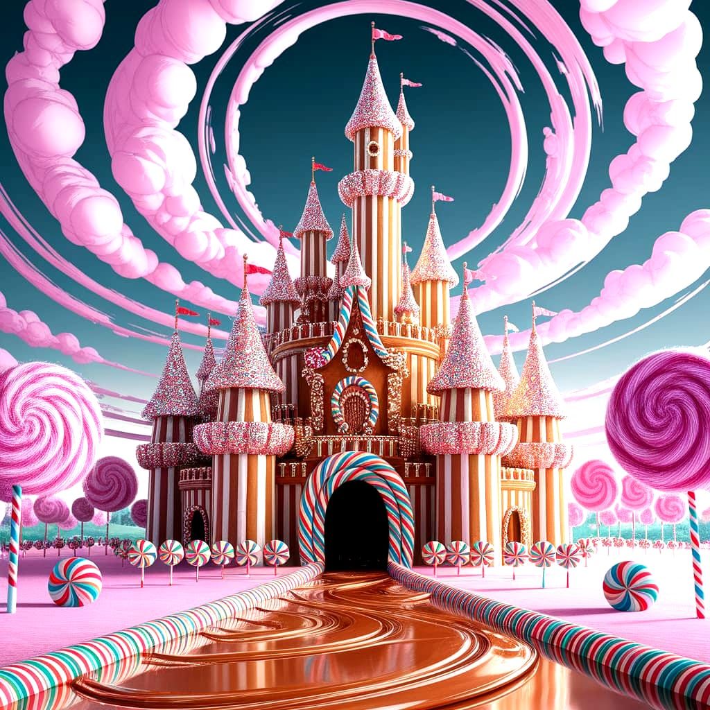 Whimsical Candy Castle with Caramel River and Cotton Candy S...
