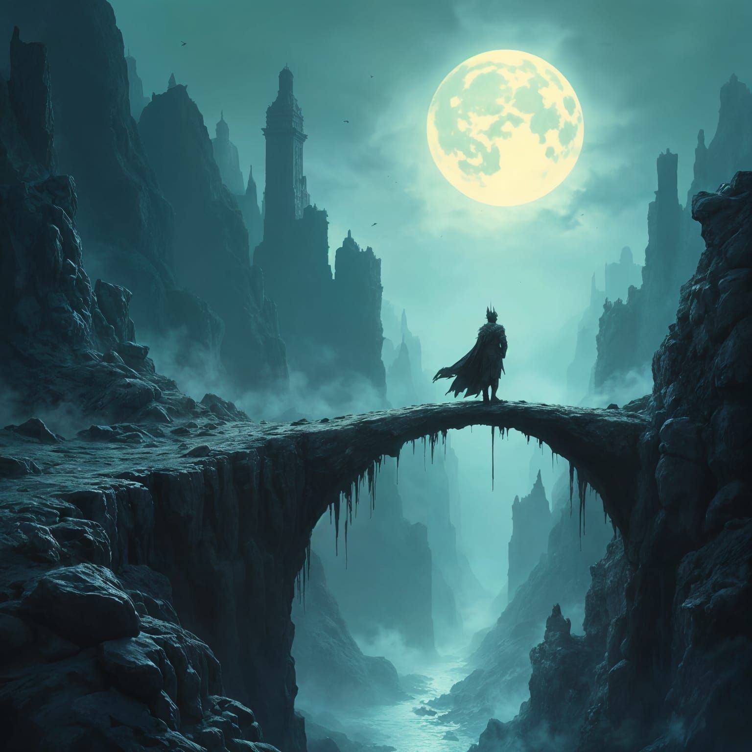 Lone Knight on Moonlight Bridge in Dark Fantasy Style