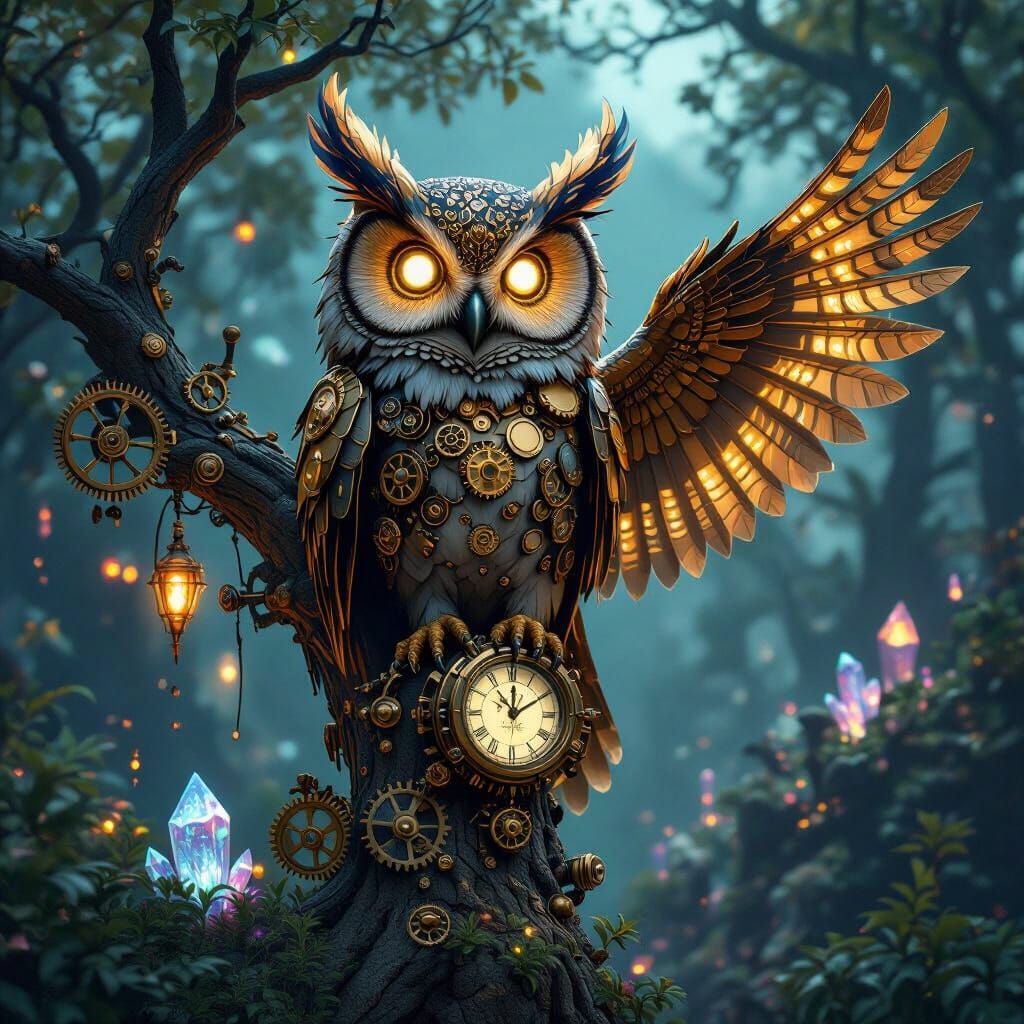 Steampunk Owl on Clockwork Tree in Fantasy Landscape