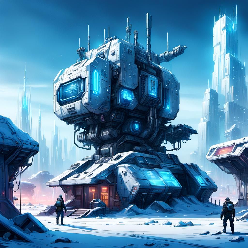 Vibrant Steam Punk Outpost in Frozen Tundra, Cyberpunk Conce...