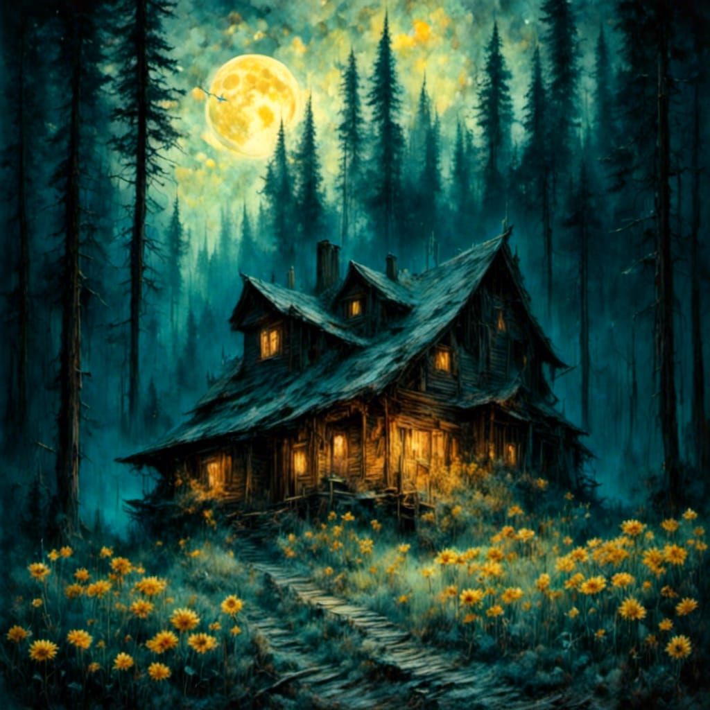 Cursed Redwood Forest Cabin Under Starry Night
