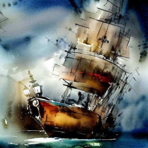 Pirate Ship Sailing on Clouds in Watercolor