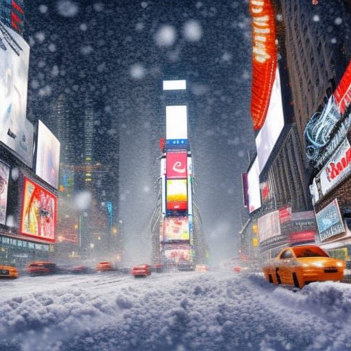 Snowy Times Square Scene in Vibrant, Intricate Detail