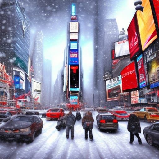 Snowy Times Square: Intricate Winter Painting