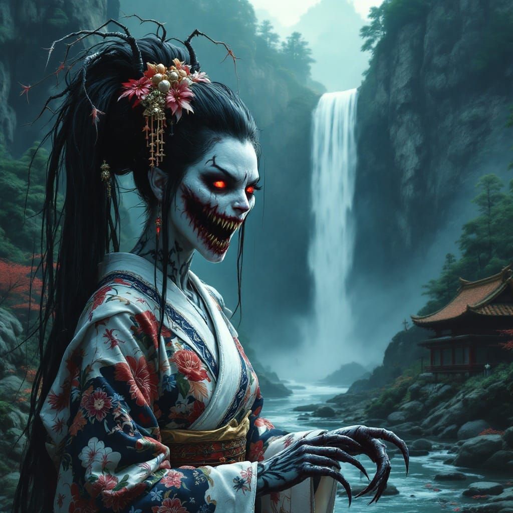Female geisha (ethnicity:Asian, age:30), monstrous appearanc...