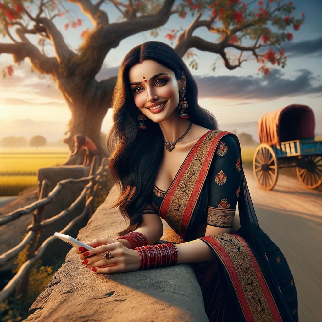 Elegant Woman in Rustic Countryside Setting