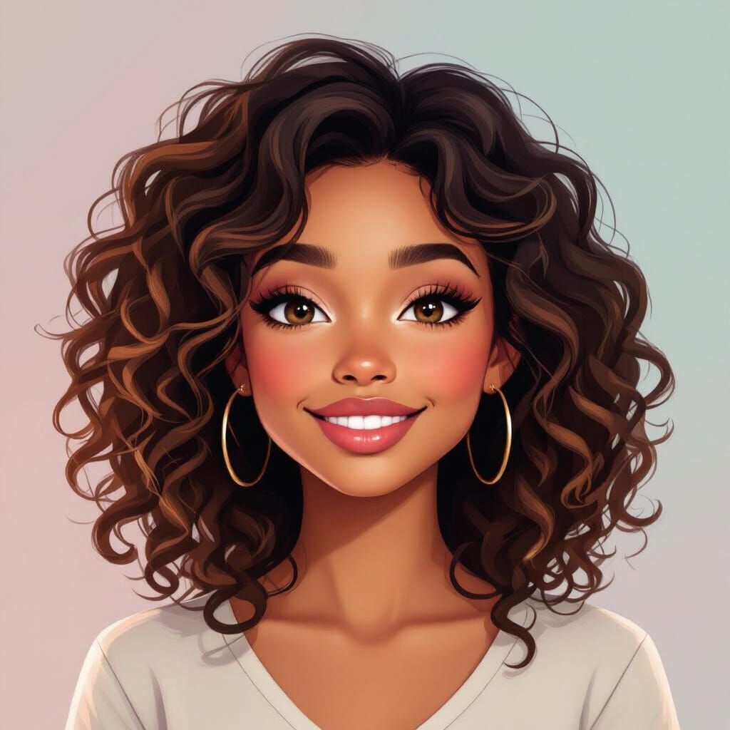Digital Portrait of a Young Woman with Curly Hair