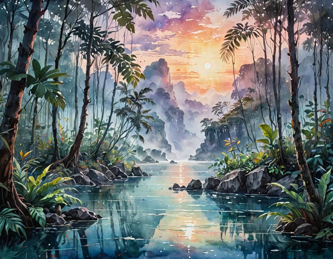 Mystical Jungle Sunset: Vibrant Watercolor Seascape