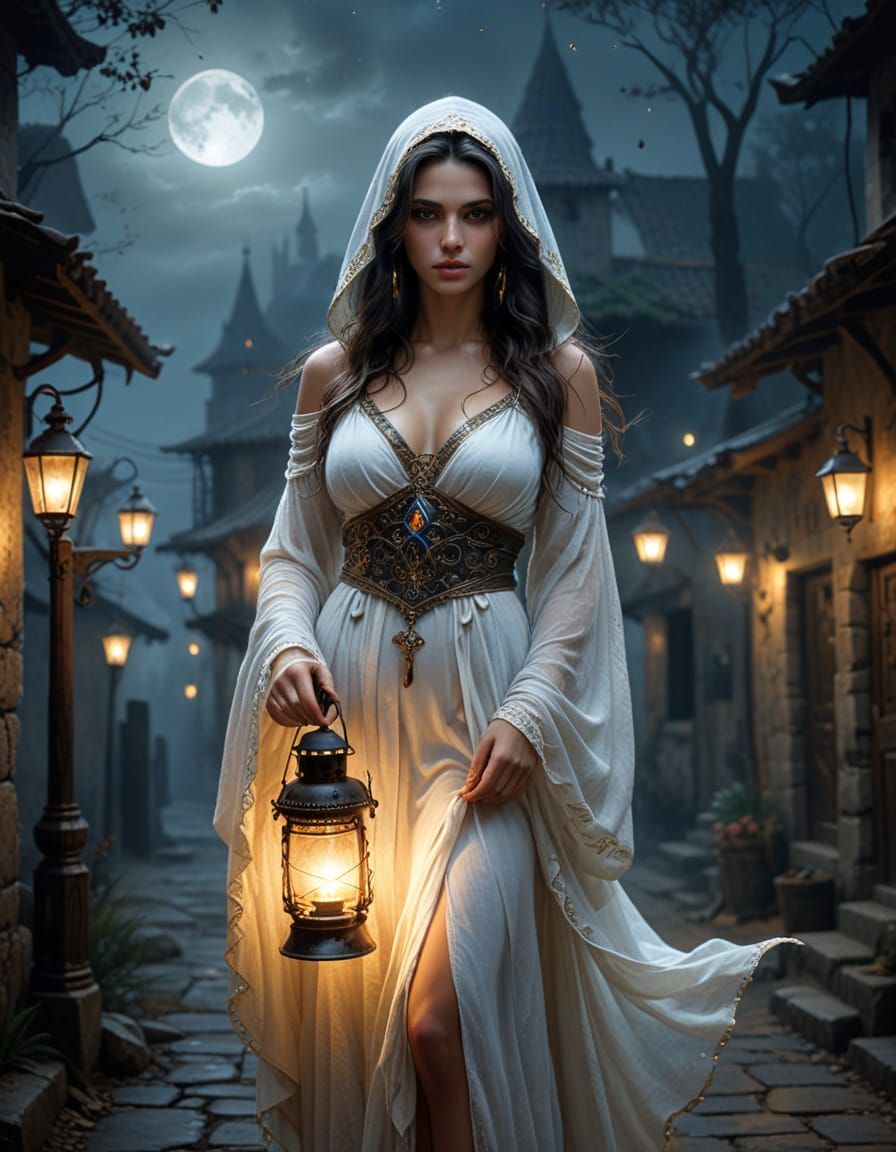 Greek Goddess with Glowing Lantern in Village