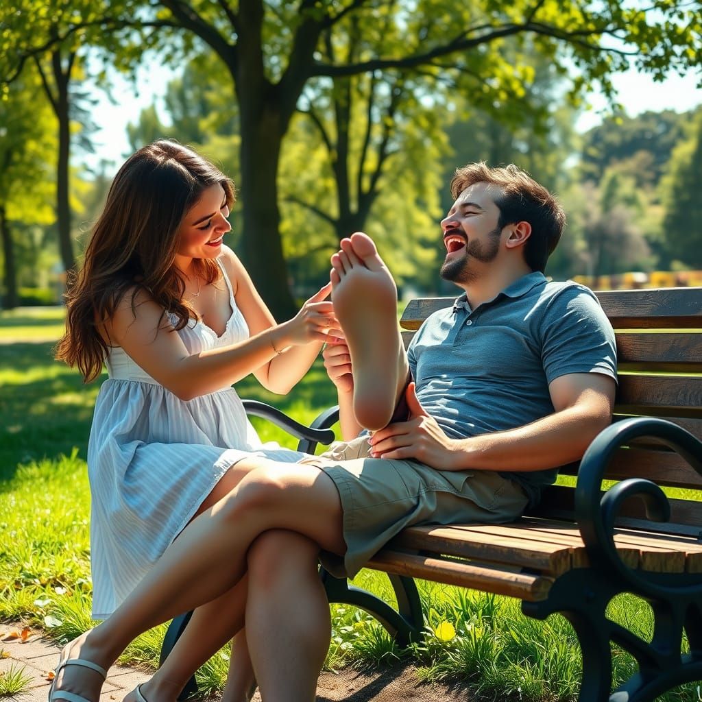 Tickling Feet in the Park: A Hyperrealistic Summer Scene