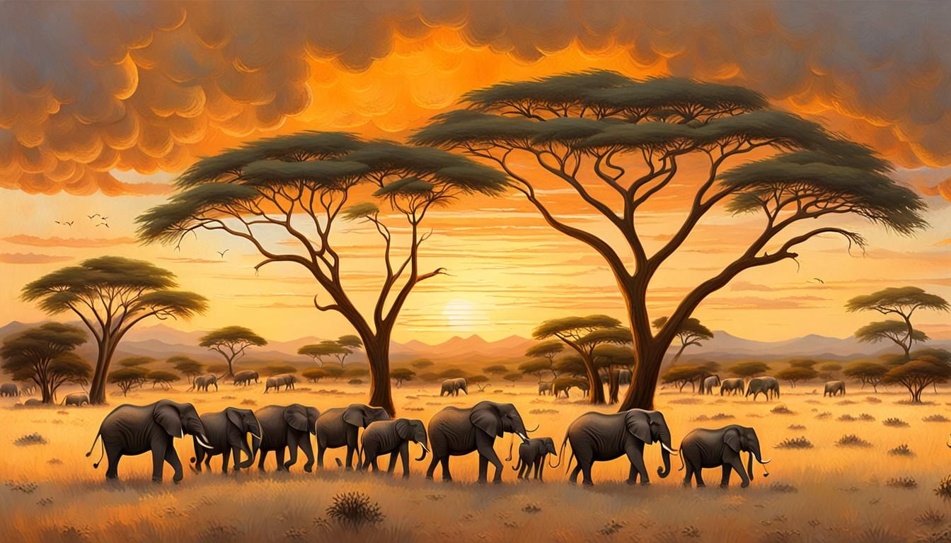 African Savanna Wildlife at Sunset in Oil Painting Style