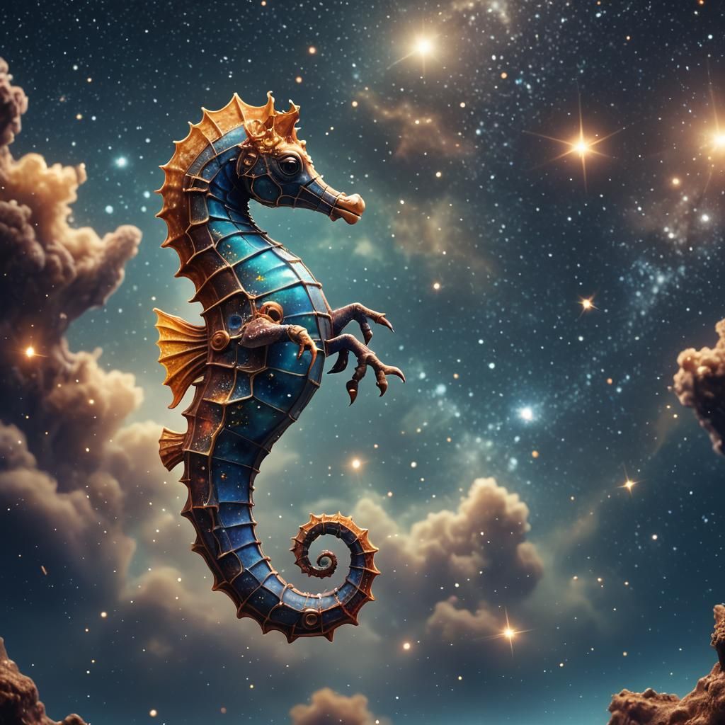 Seahorse Drifting in Starry Sky: Fantasy Concept Art