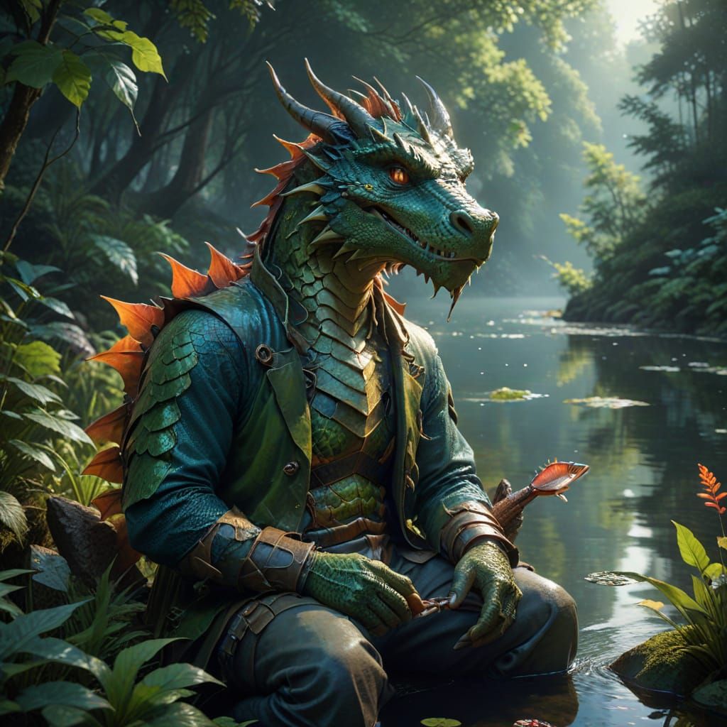 Dragonborn Fisherman in Tranquil Forest Landscape