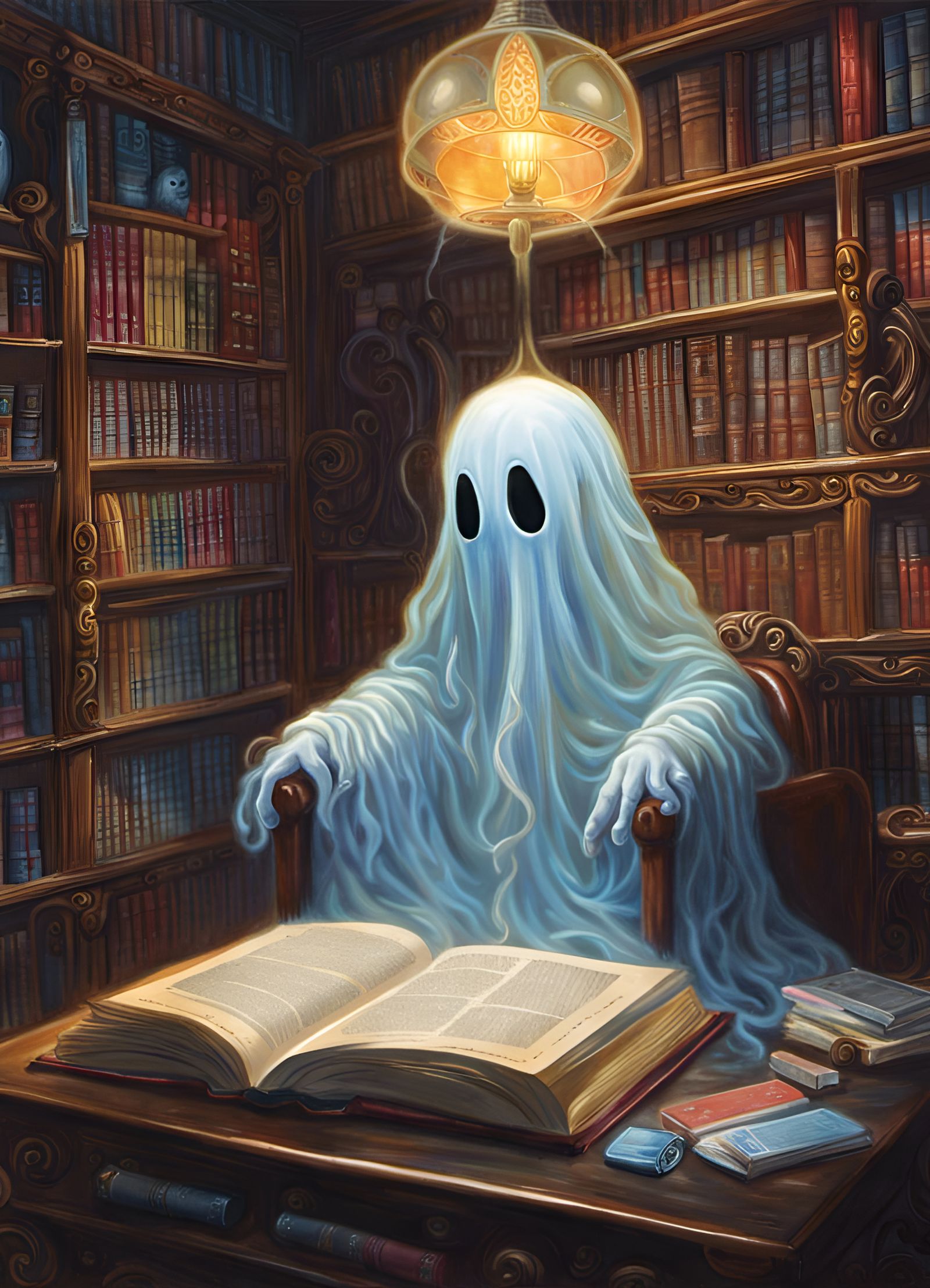Cute Ghost in Library, Detailed Digital Art