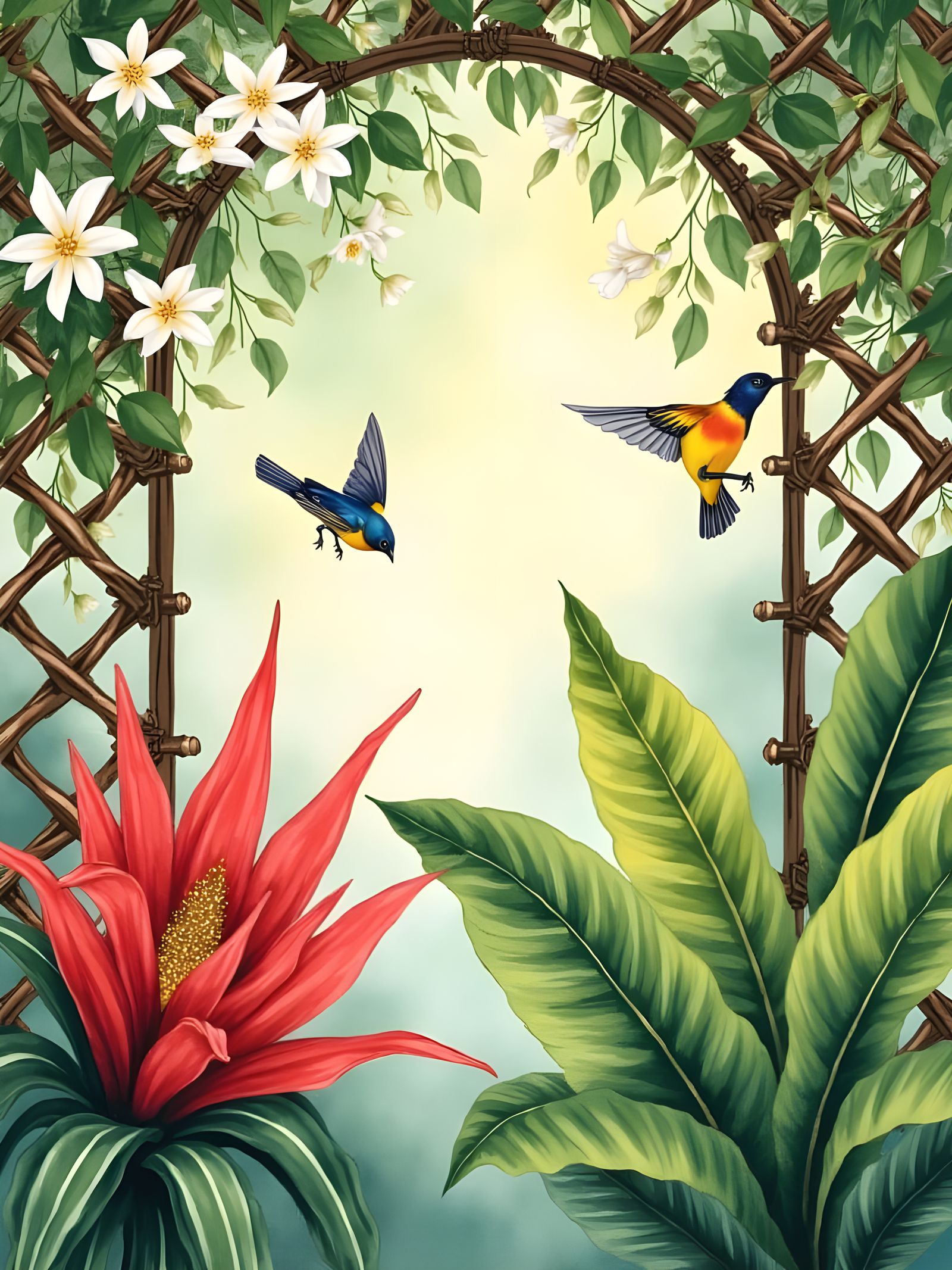 Jasmine and Bromeliads on Green Lattice: Watercolour