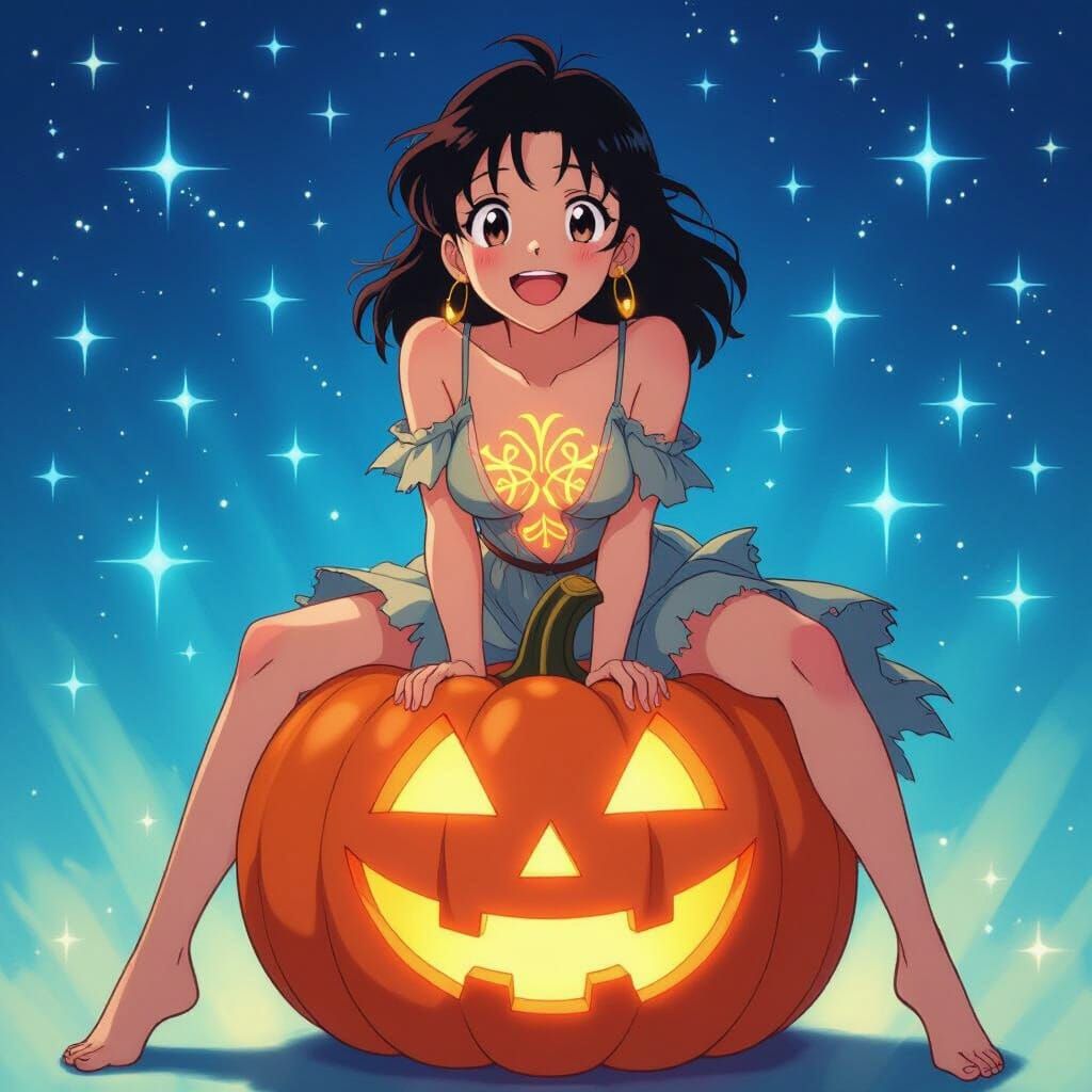 80s Anime Style Elaina on Giant Pumpkin