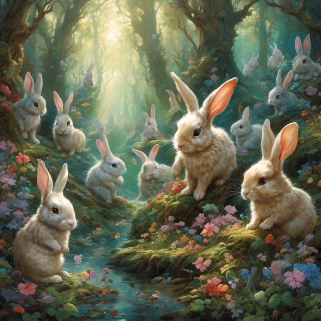 Fantasy Bunnies in Hyperrealistic Forest Landscape