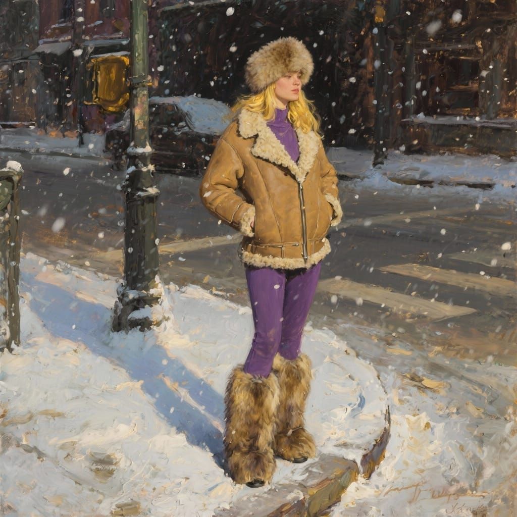 Fashionista in Snow: Photorealistic Oil Painting