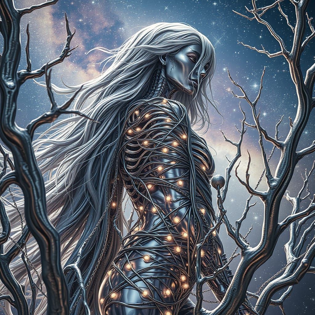 Chrome Woman Emerges from Skeletal Trees, Giger Style