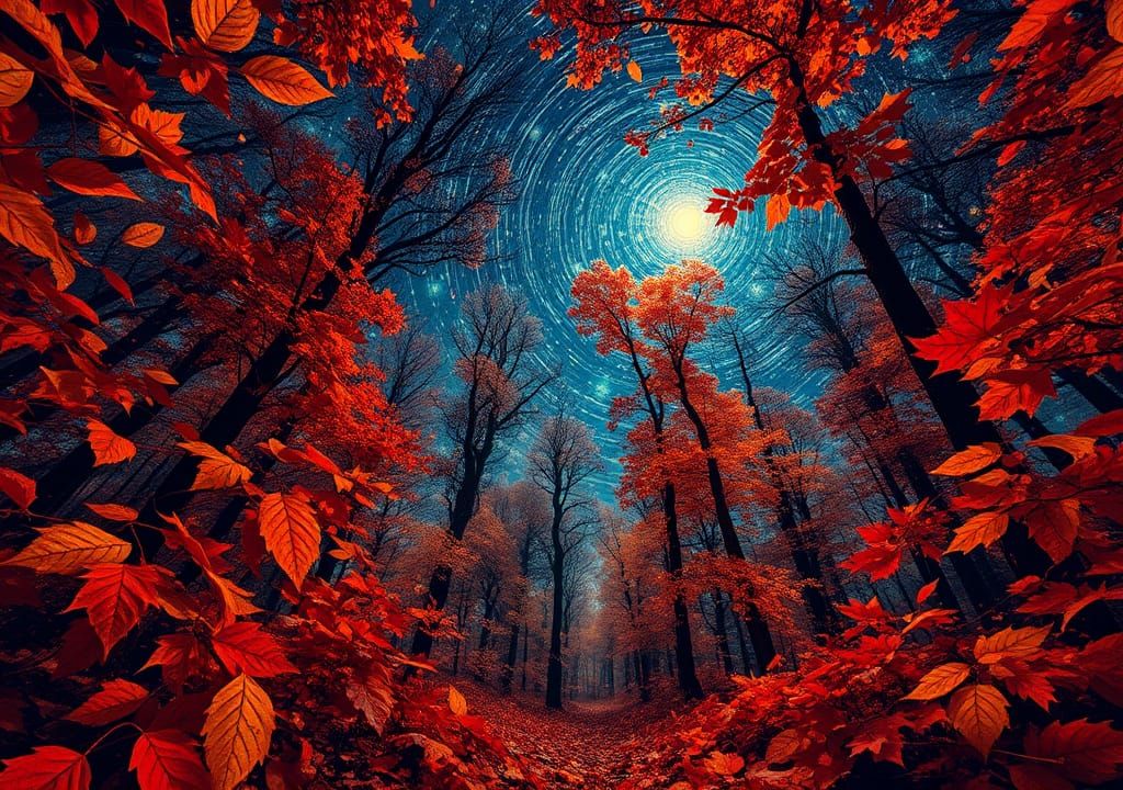 Stargazing Autumn Forest in Chagall Style