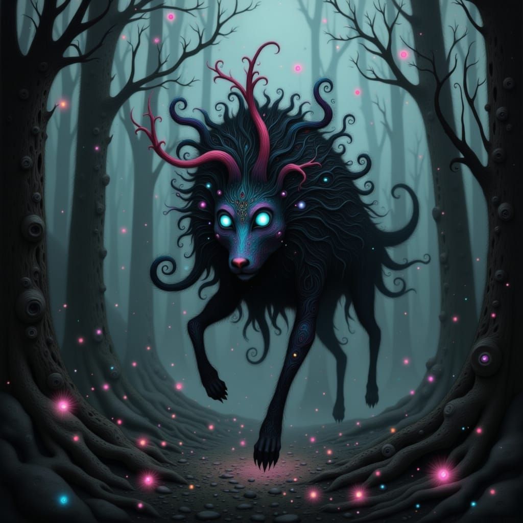 Spectral Snarly Yow in Misty Forest, Dreamlike Art