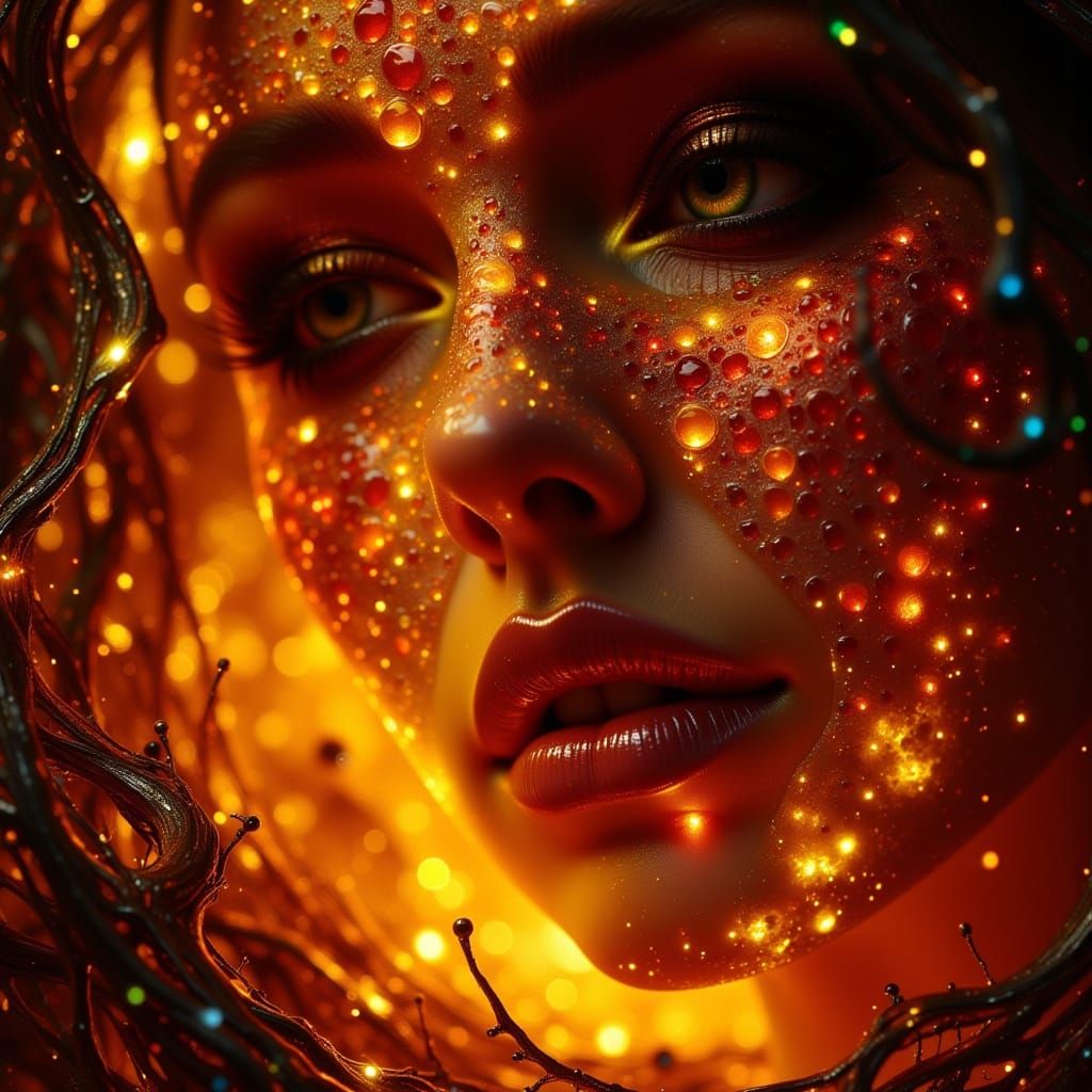 Intricate Amber and Yellow Oil Painting with Deep Contrast