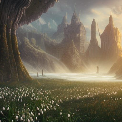 Detailed Matte Painting of Snowdrops in Deep Color