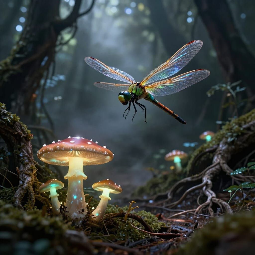 Majestic Dragonfly Over Bioluminescent Mushrooms in Dark Fan...