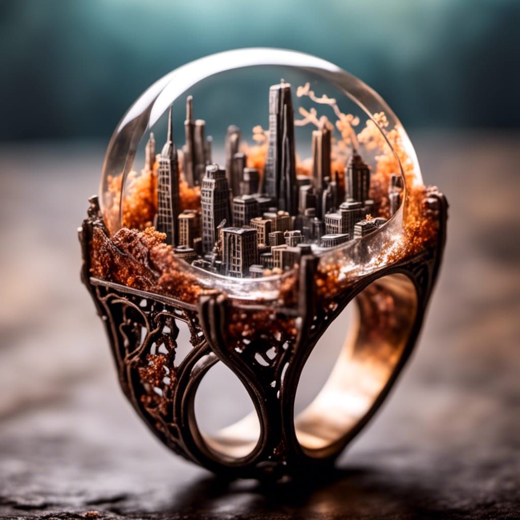 Post-Apocalyptic Cityscape in Resin Ring at Sundown