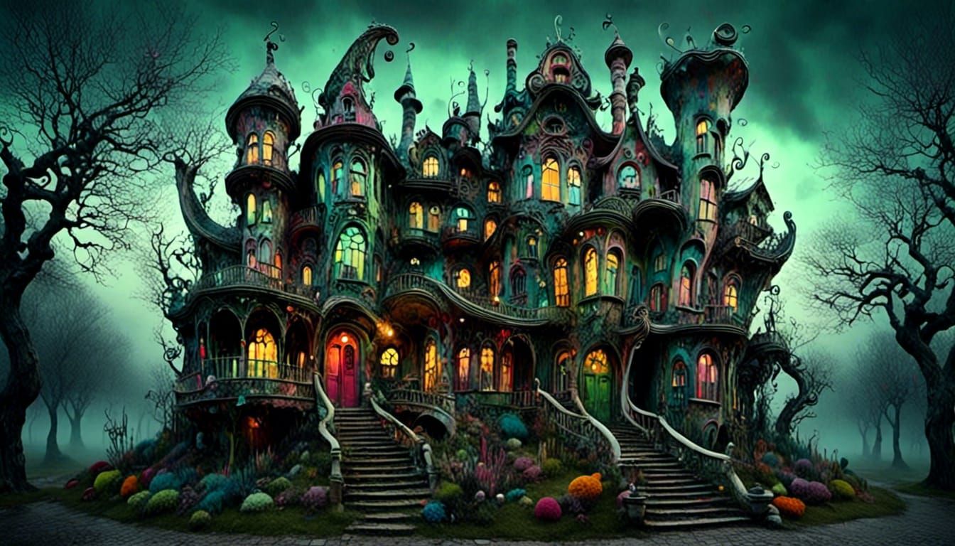 wonky swirly three story houses