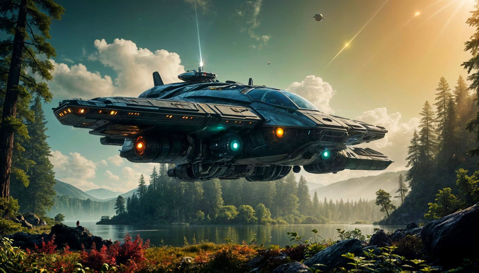 Cyberpunk Fine Art Spaceship Above Lush Forest