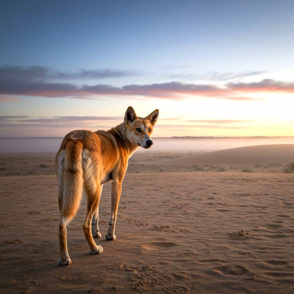 Hyperrealistic Dingo in Australian Desert at Dawn