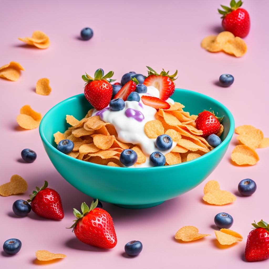 Pastel Yogurt Bowl with Berries and Cornflakes