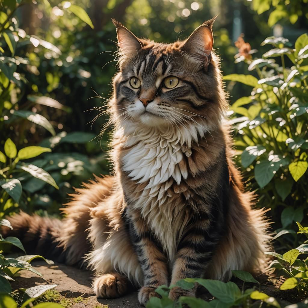 Cat in Garden with Natural Lighting, Cinematic Photography