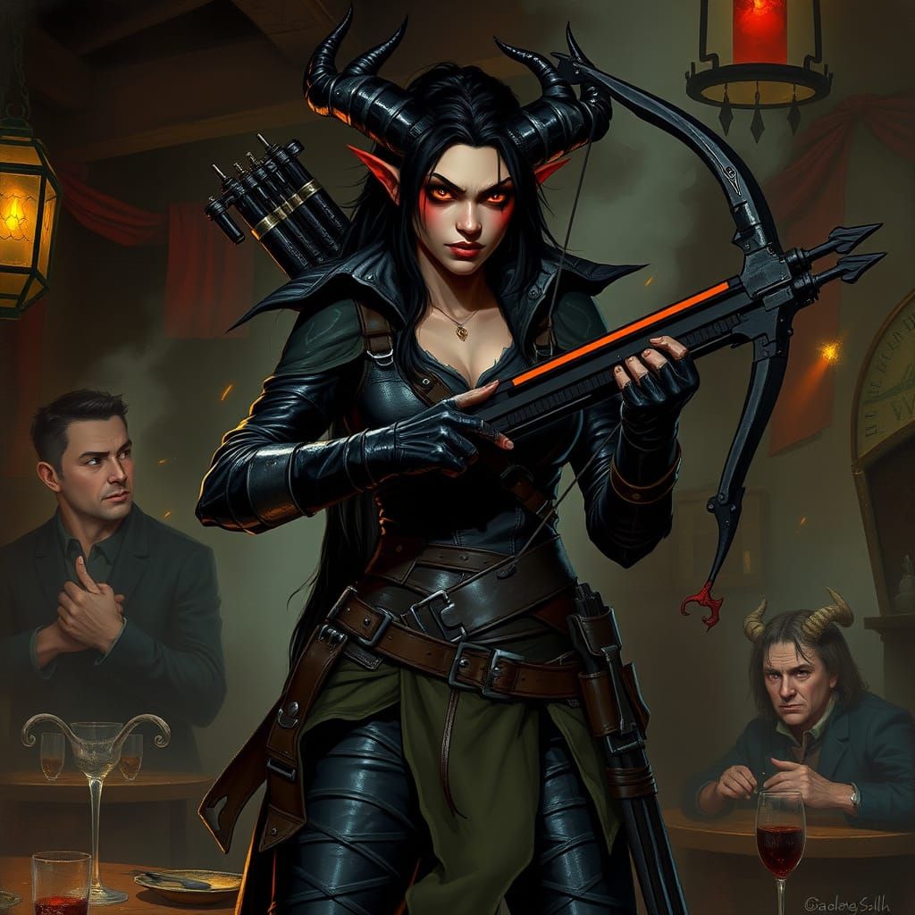 Ethereal Bounty Hunter in Dark Fantasy Tavern