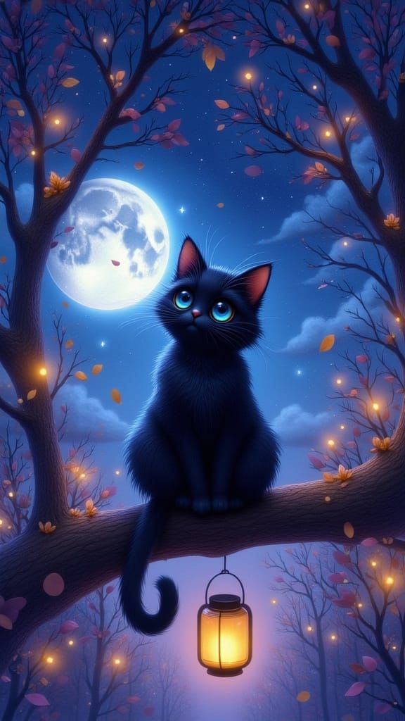 Enchanting Black Cat in Starry Autumn Night