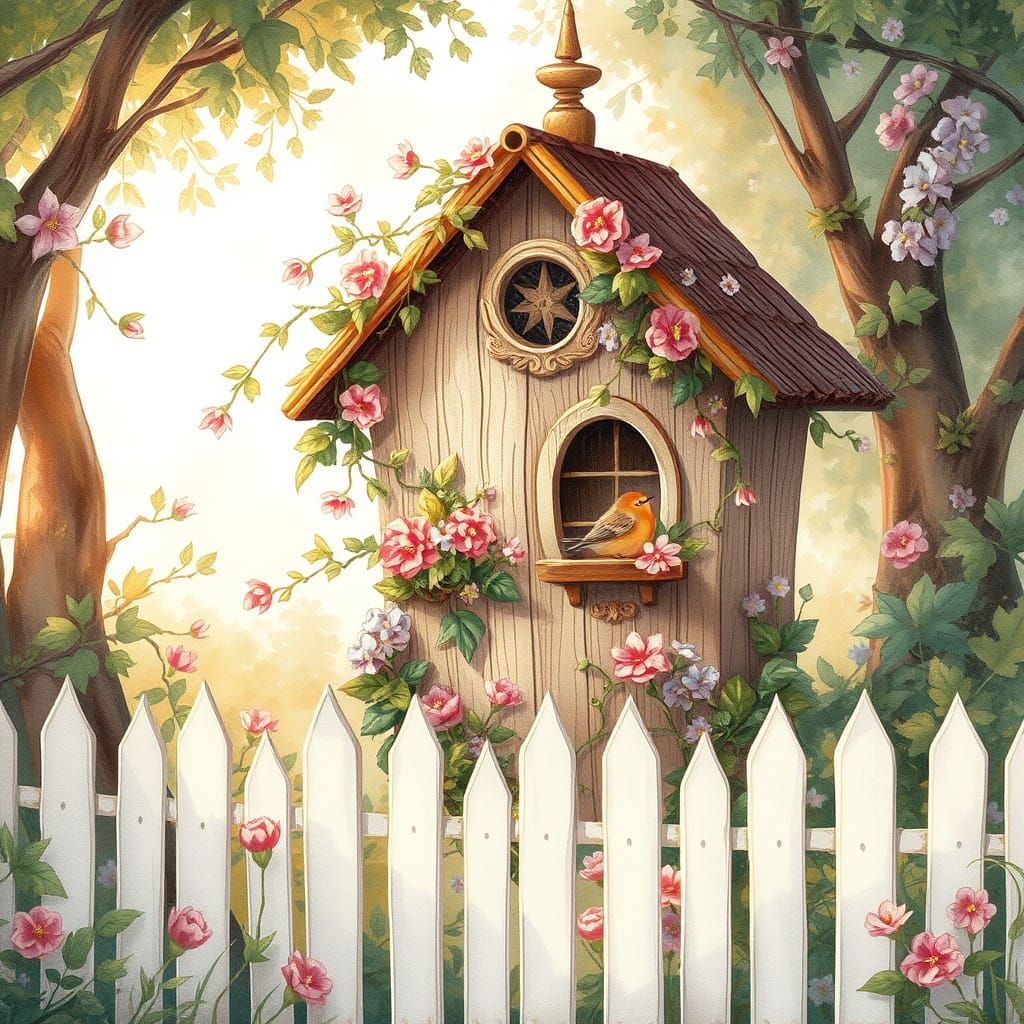 Whimsical Bird House in Watercolor Style