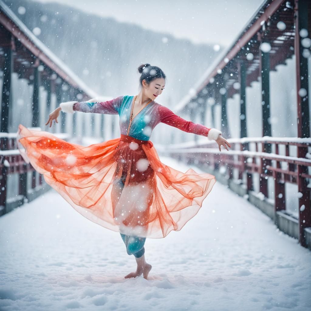 Dancing Woman with Snowflakes in Splash Art Style