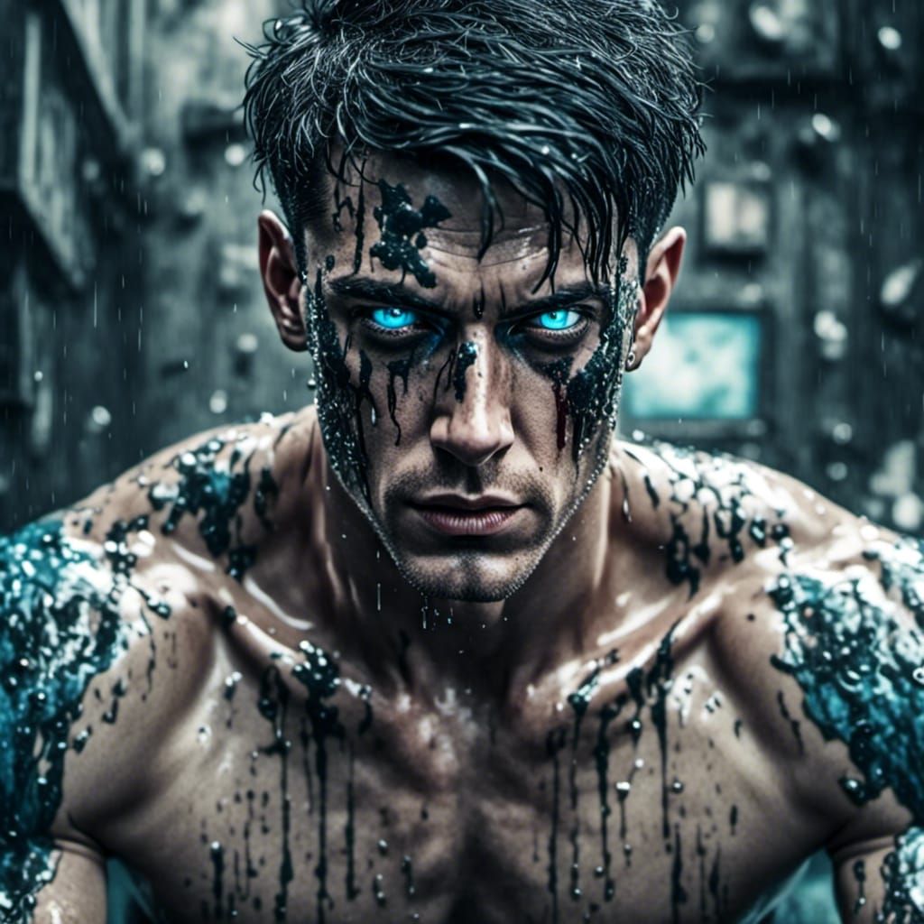 Shirtless Cyborg in Agony, Hyperrealistic Digital Art