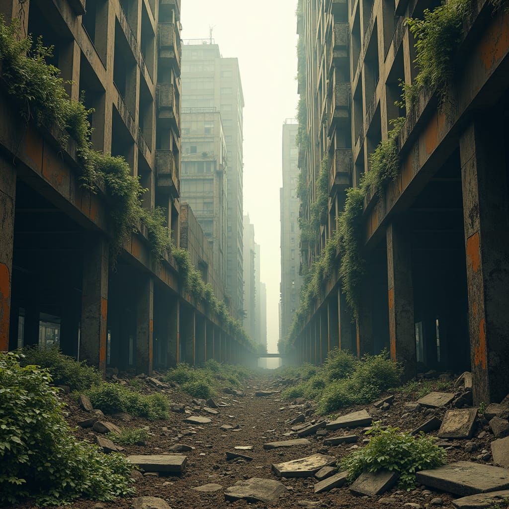 Dystopian Cityscape: Nature Reclaims a Ruined Metropolis