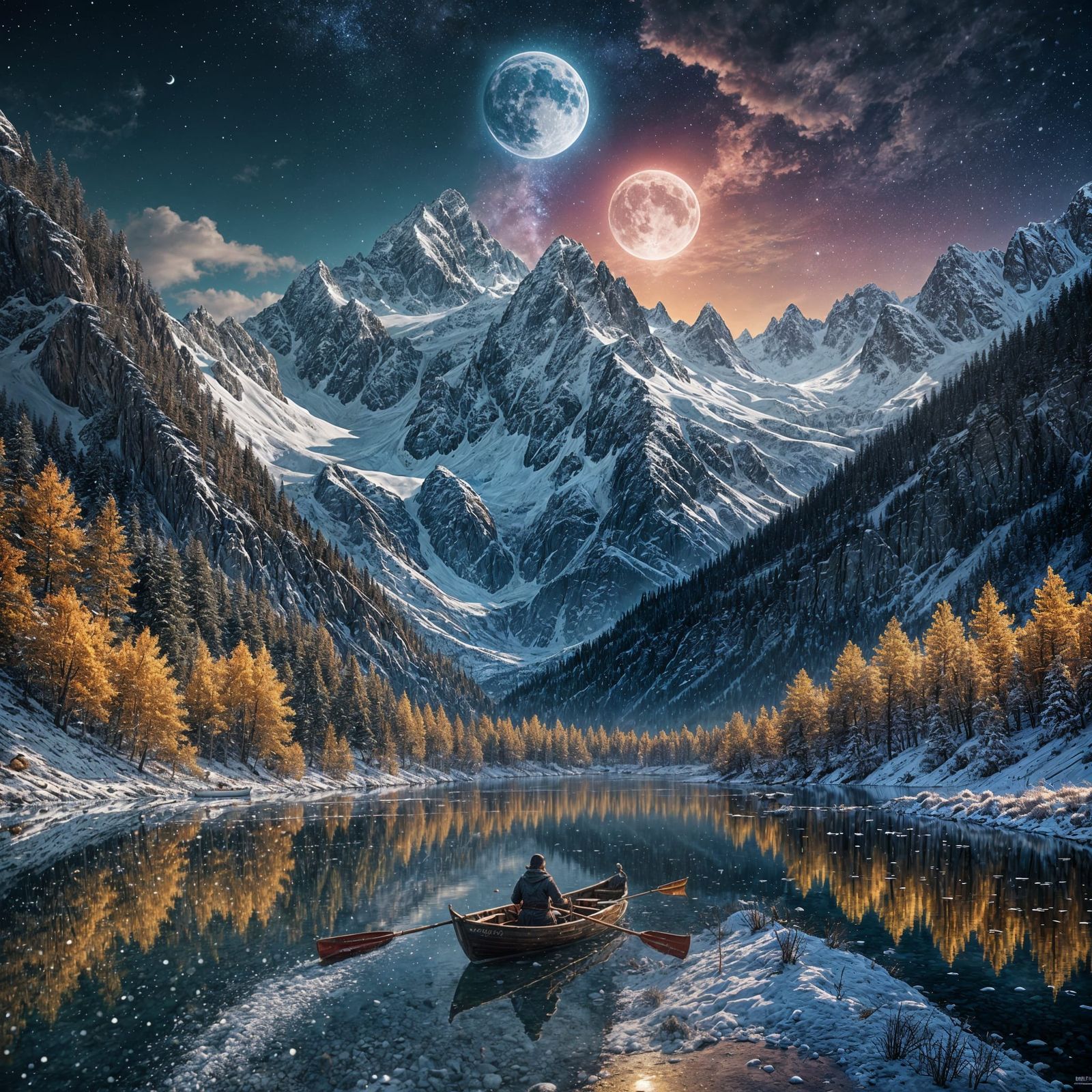 Cosmic Moonlit Lake Scene with Boat, 4K Fantasy Art