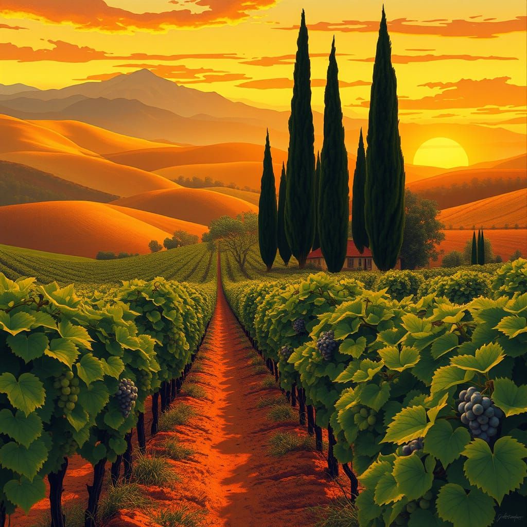 Romantic Art Nouveau Vineyard Scene at Golden Hour
