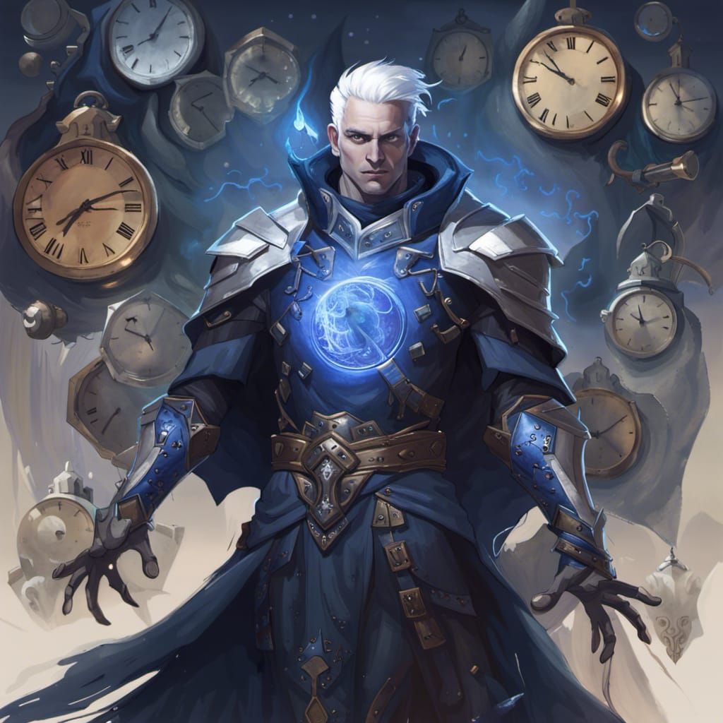 Powerful Wizard in Raven Armor with Clocks and Magic