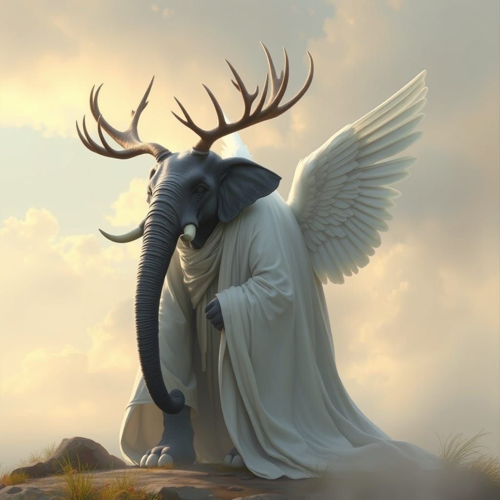 Antlered Elephant Angel in Dreamlike Setting