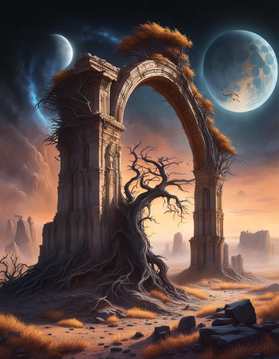 Post-Apocalyptic Arch with Glowing Tablet: Surreal Oil Paint...