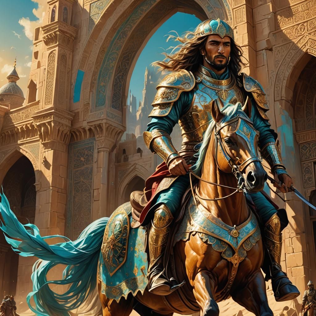 Saladin Rides Through Desert City in Fantasy Art