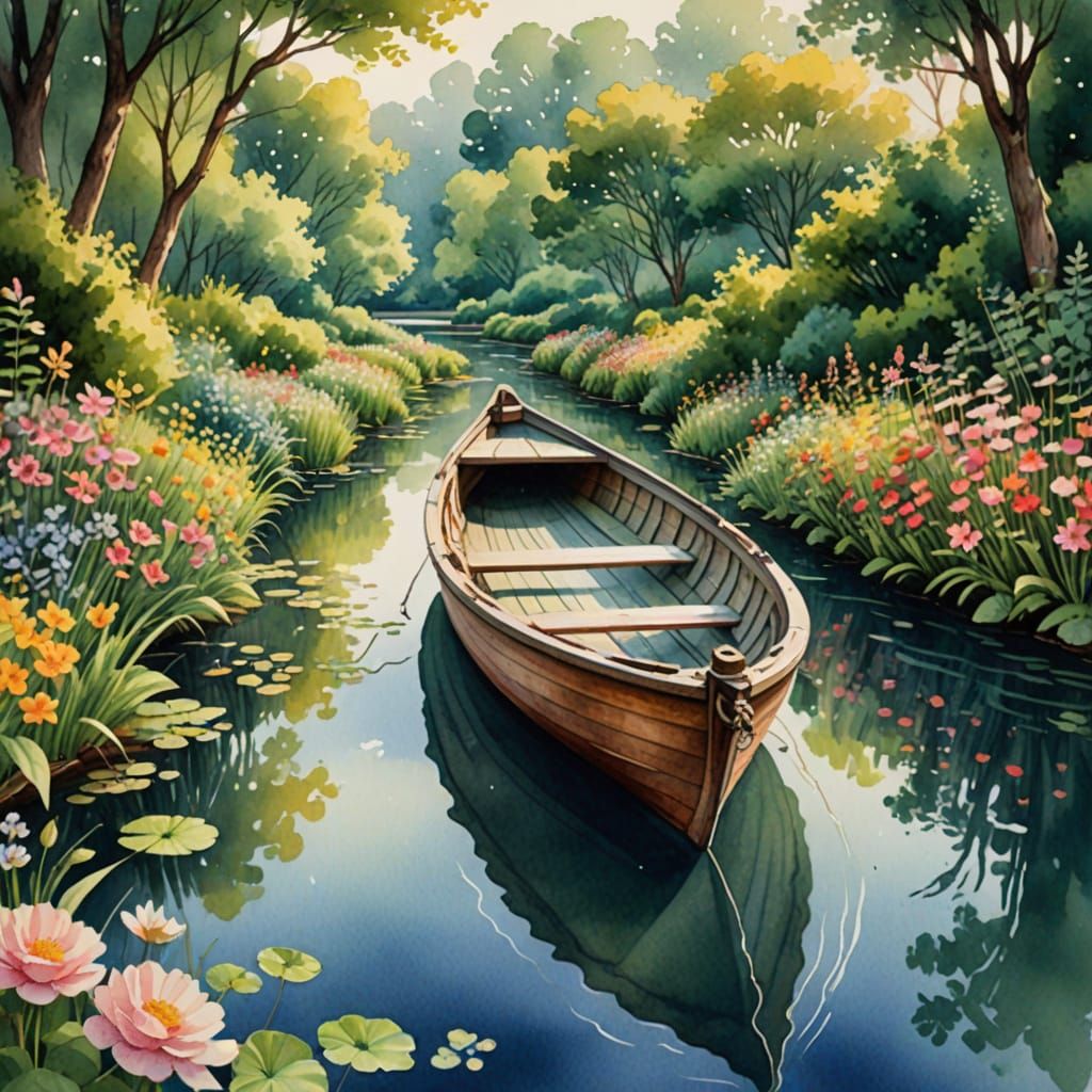 Whimsical Wooden Boat Glides Down a Serene Watercolor Stream